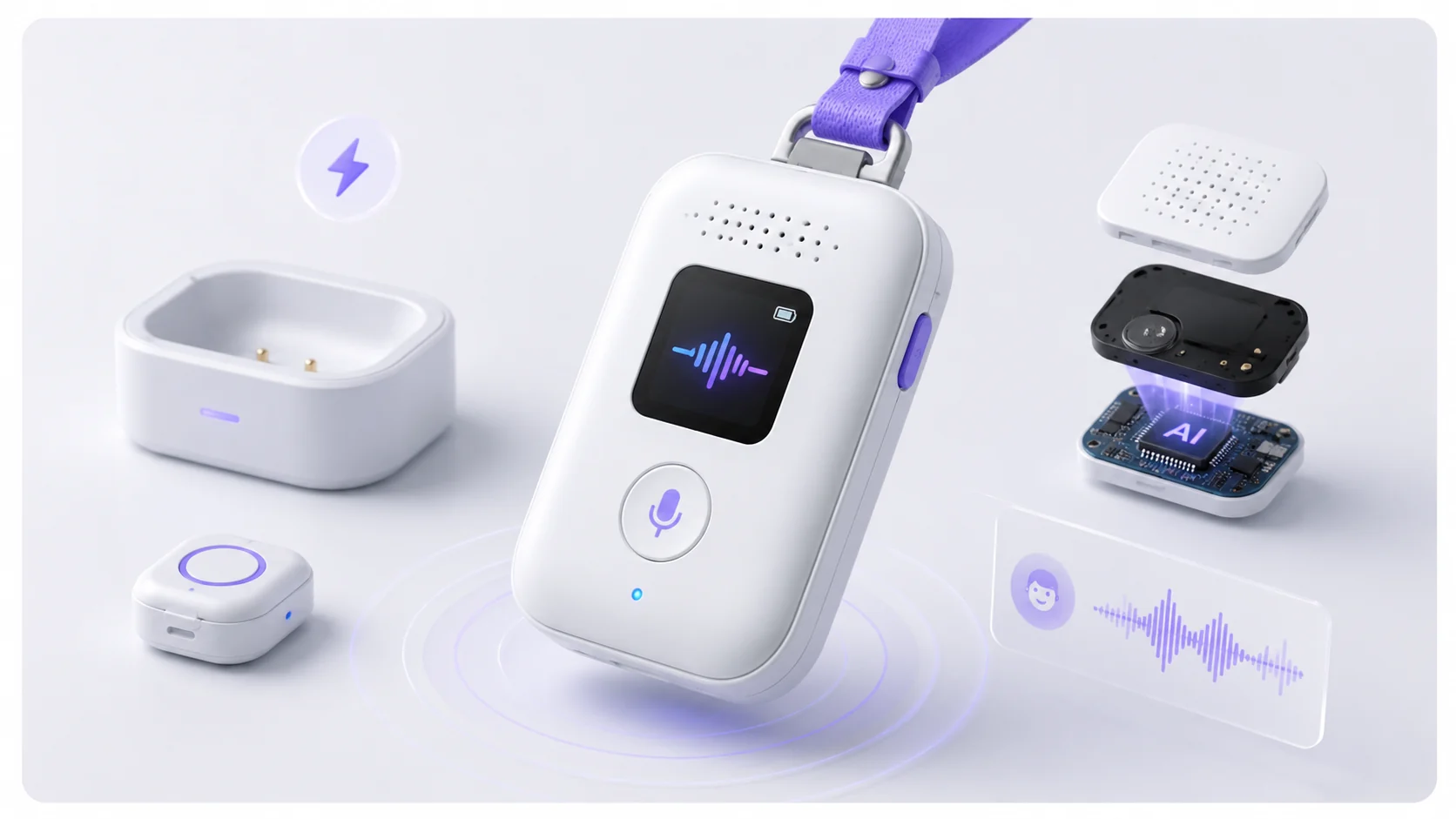 超能星 AI 录音智能硬件及其充电底座与内部 AI 模块